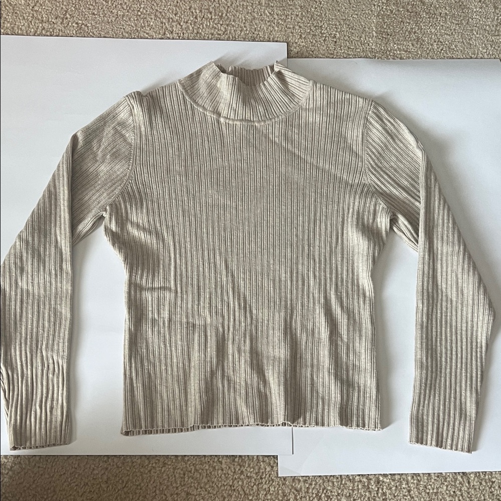 Elegant Beige Ribbed Turtleneck Sweater